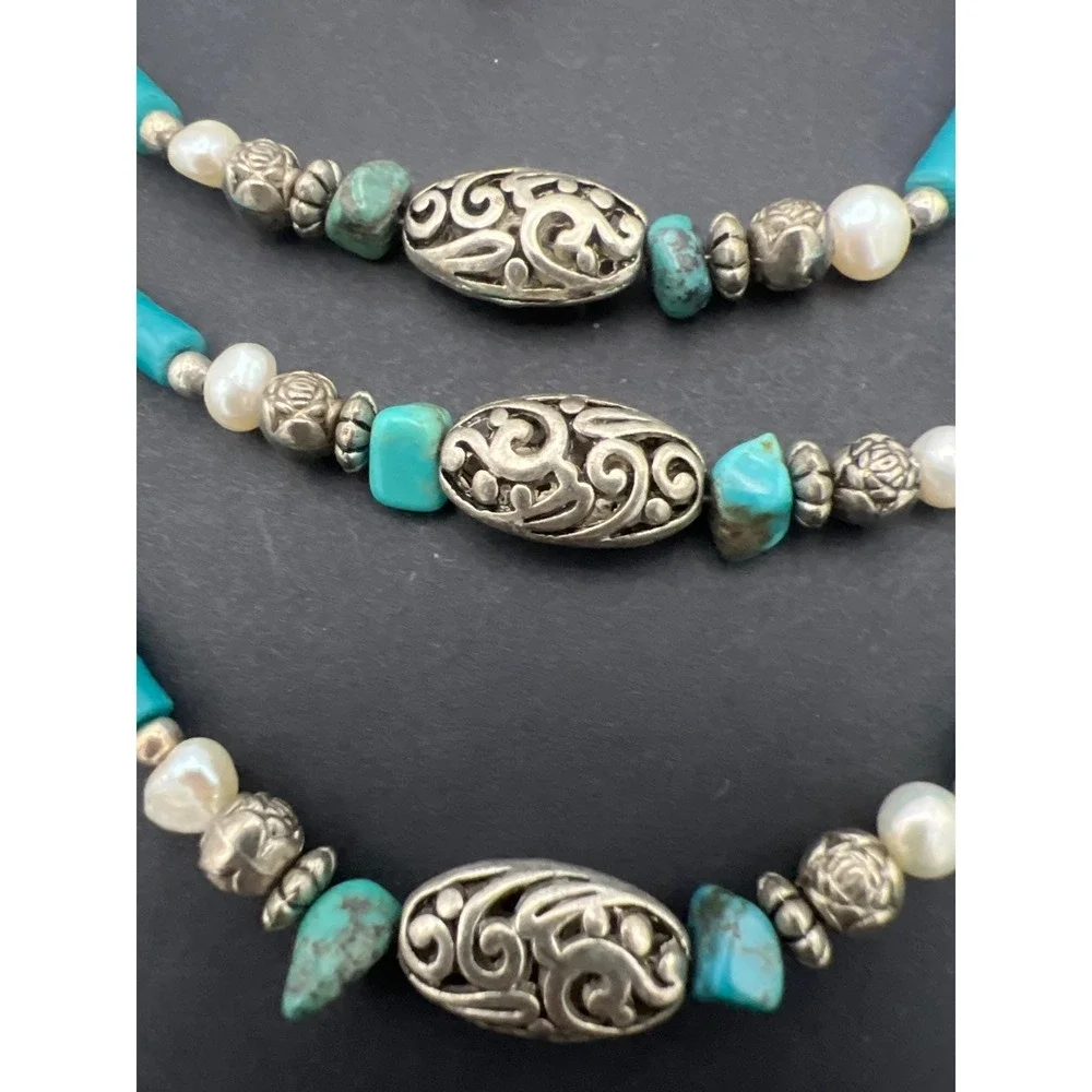 Vintage Southwestern Necklace Blue Beads Faux Pearls Silver‎ Tone Filigree Boho